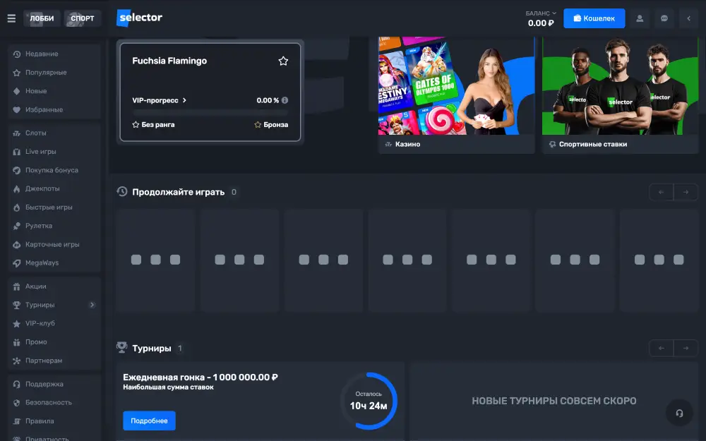 Аккаунт в Selector Casino